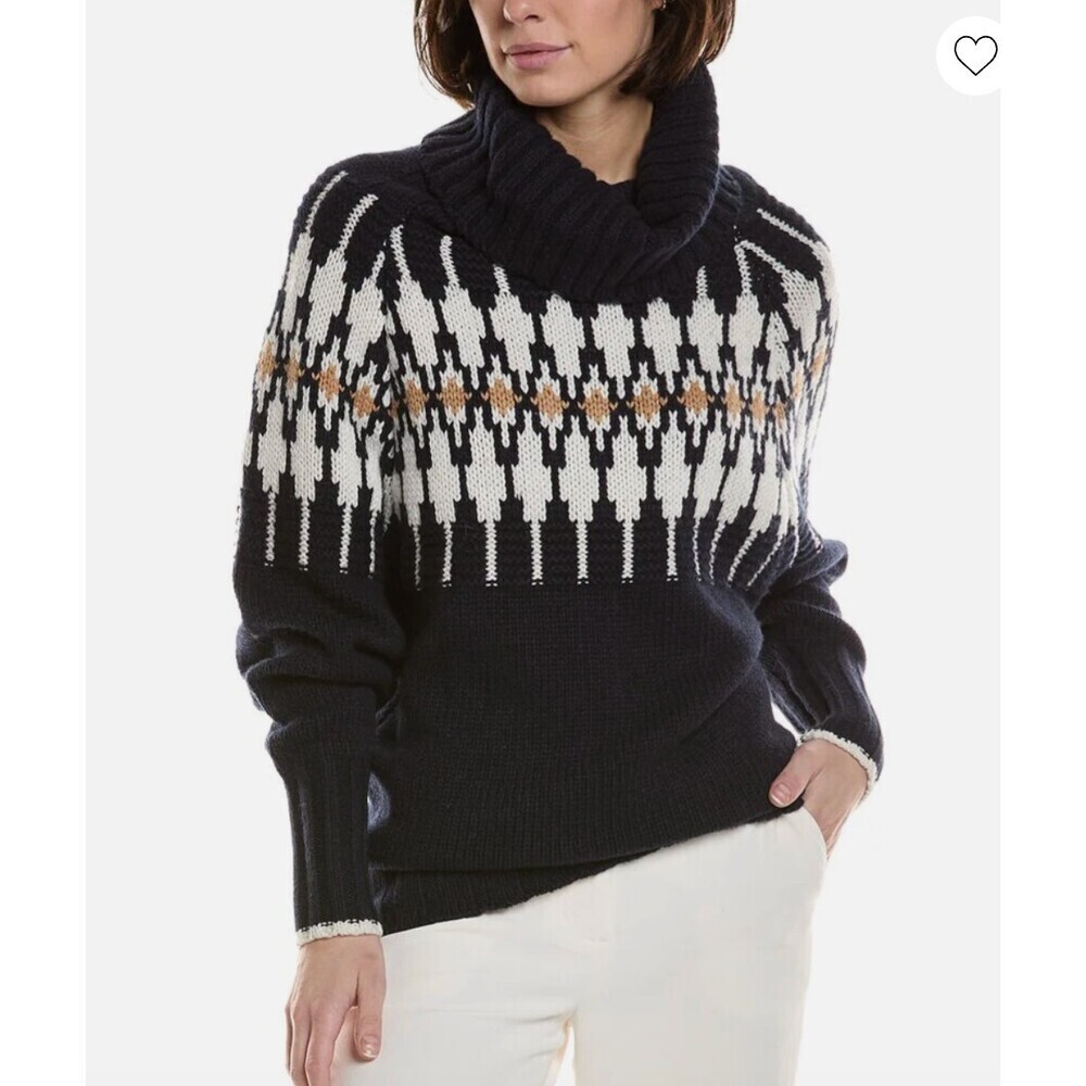 Reiss Emma Knit Turtleneck Sweater Navy Fairisle Pattern Chunky Knit Size XS
